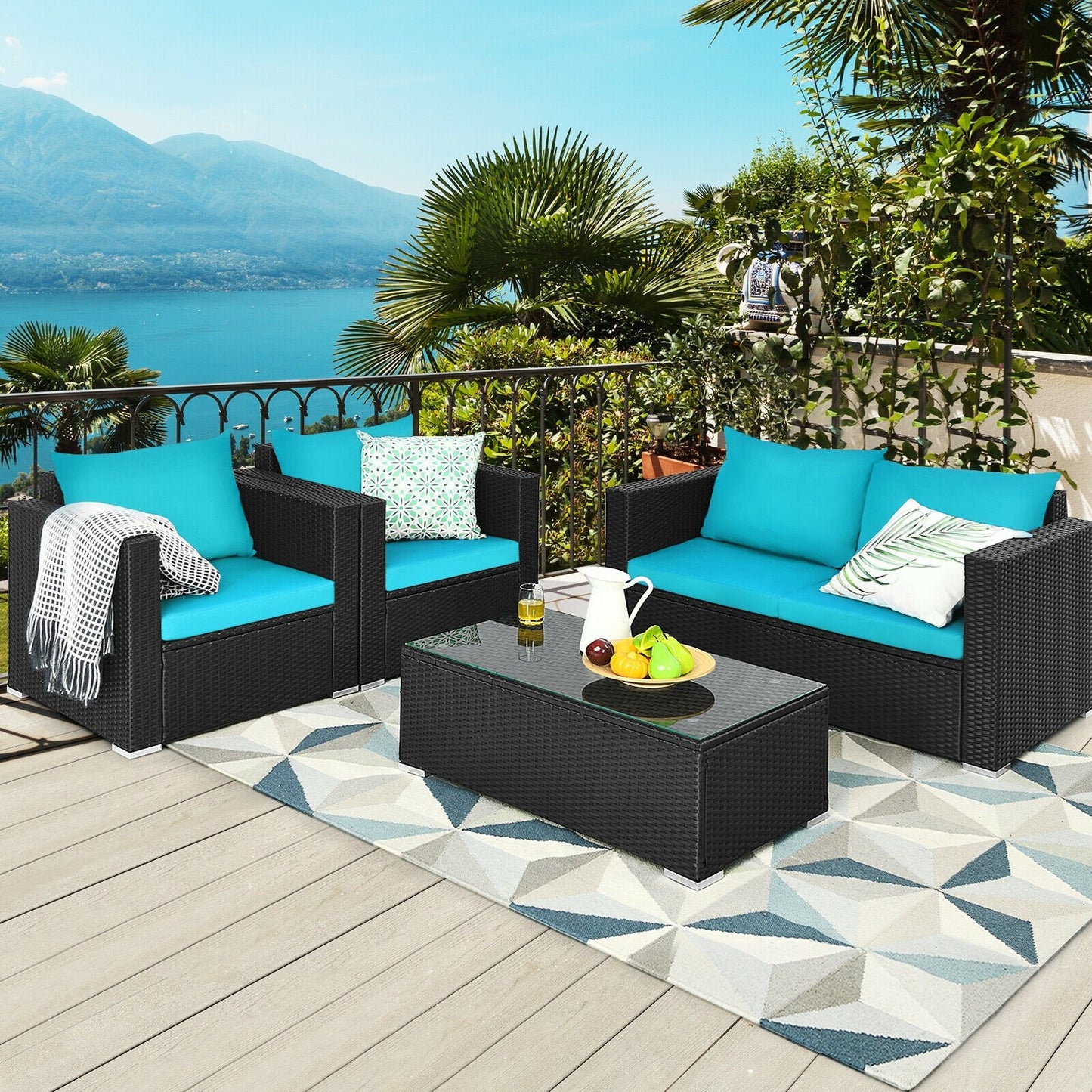 4Pcs Patio Rattan Cushioned Furniture Set, Turquoise Patio Conversation Sets   at Gallery Canada