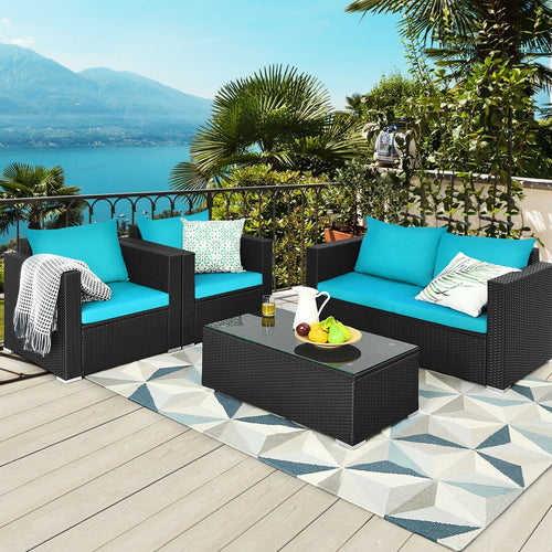 4Pcs Patio Rattan Cushioned Furniture Set, Turquoise