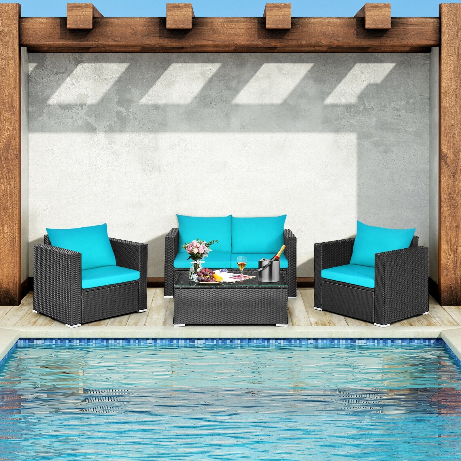 4Pcs Patio Rattan Cushioned Furniture Set, Turquoise Patio Conversation Sets   at Gallery Canada