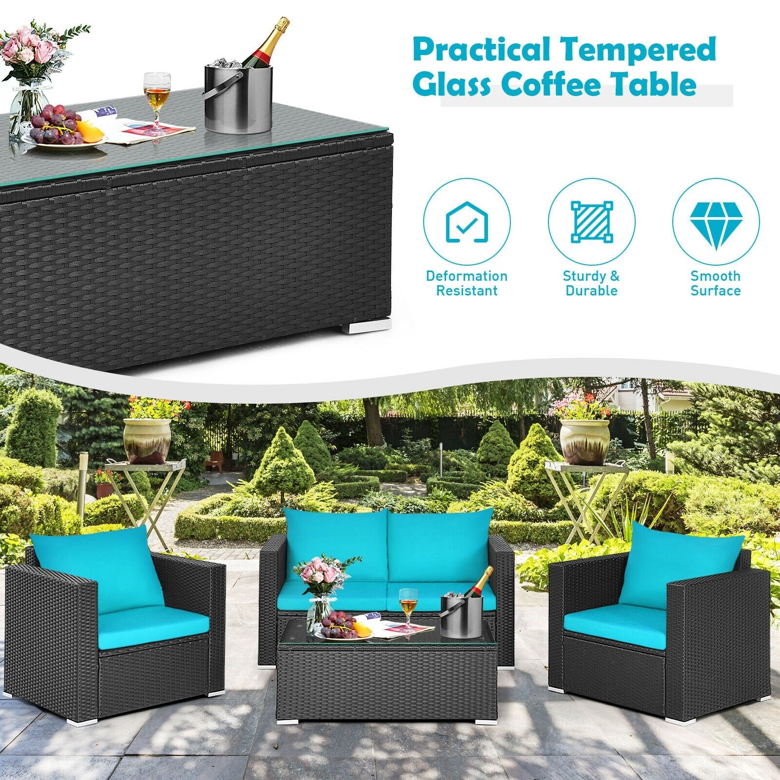 4Pcs Patio Rattan Cushioned Furniture Set, Turquoise Patio Conversation Sets   at Gallery Canada