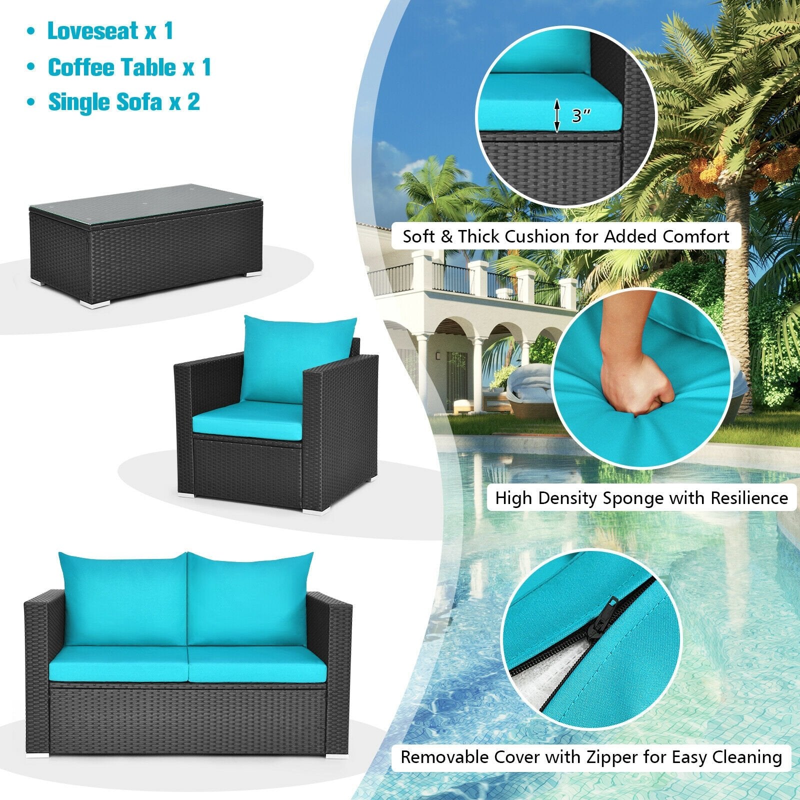 4Pcs Patio Rattan Cushioned Furniture Set, Turquoise Patio Conversation Sets   at Gallery Canada