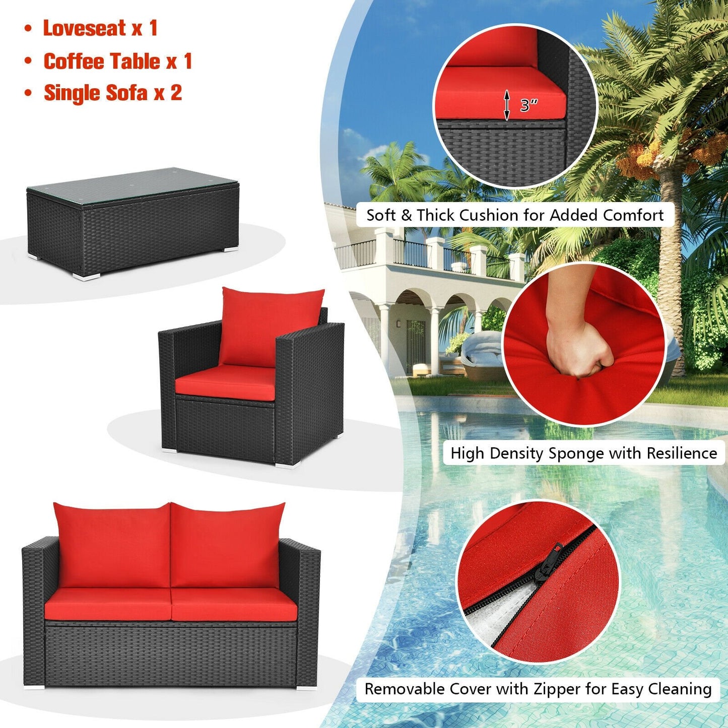 4Pcs Patio Rattan Cushioned Furniture Set, Red Patio Conversation Sets   at Gallery Canada