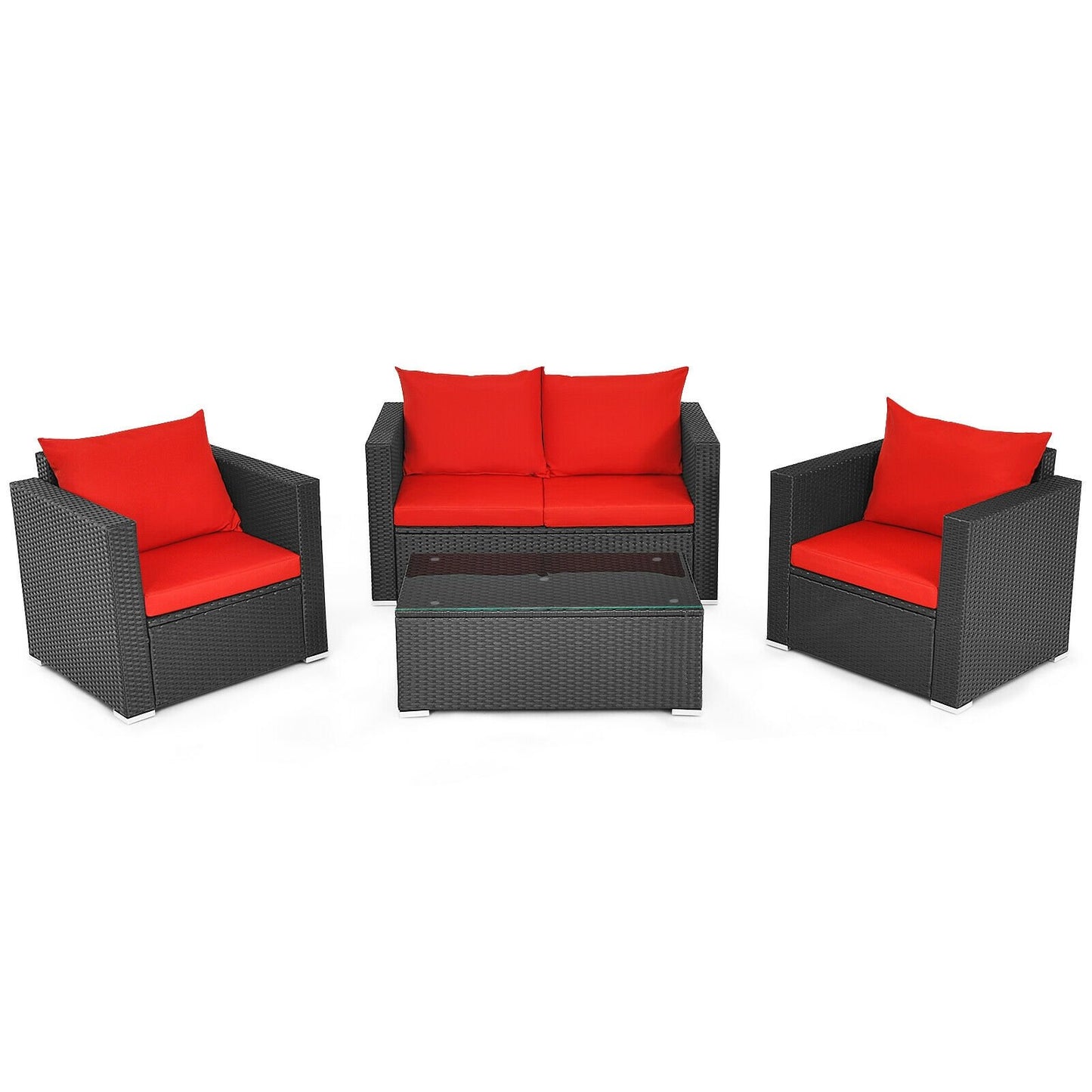 4Pcs Patio Rattan Cushioned Furniture Set, Red Patio Conversation Sets   at Gallery Canada