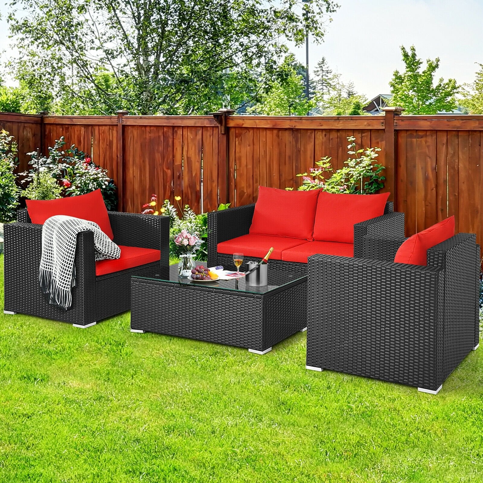 4Pcs Patio Rattan Cushioned Furniture Set, Red Patio Conversation Sets   at Gallery Canada