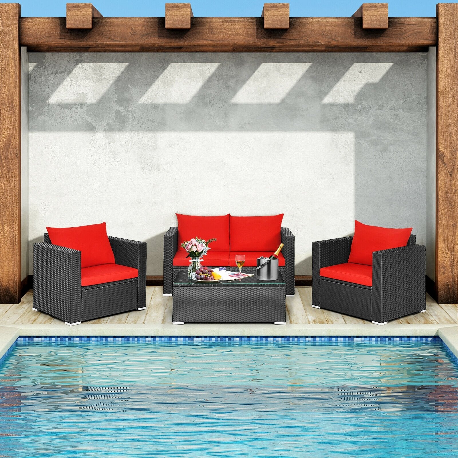 4Pcs Patio Rattan Cushioned Furniture Set, Red Patio Conversation Sets   at Gallery Canada