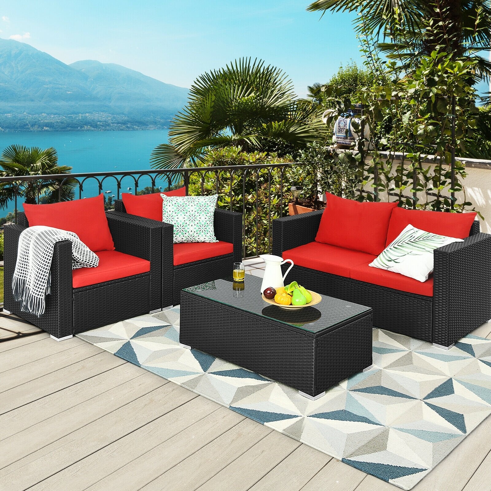 4Pcs Patio Rattan Cushioned Furniture Set, Red Patio Conversation Sets   at Gallery Canada