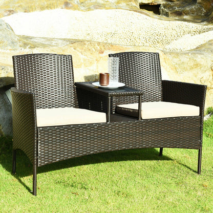 Modern Patio Conversation Set with Built-in Coffee Table and Cushions, Beige Patio Conversation Sets   at Gallery Canada