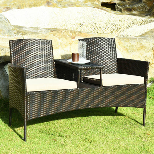 Modern Patio Conversation Set with Built-in Coffee Table and Cushions, Beige