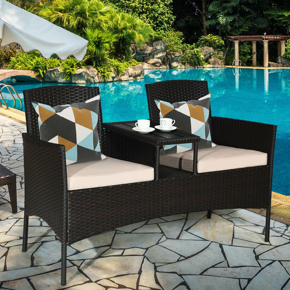 Modern Patio Conversation Set with Built-in Coffee Table and Cushions, Beige Patio Conversation Sets   at Gallery Canada