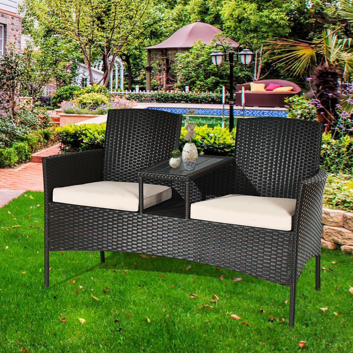 Modern Patio Conversation Set with Built-in Coffee Table and Cushions, Beige Patio Conversation Sets   at Gallery Canada