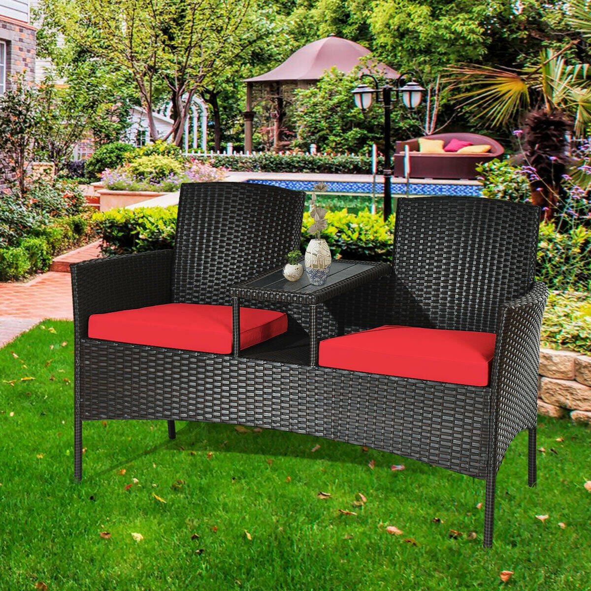 Modern Patio Conversation Set with Built-in Coffee Table and Cushions , Red Patio Conversation Sets   at Gallery Canada