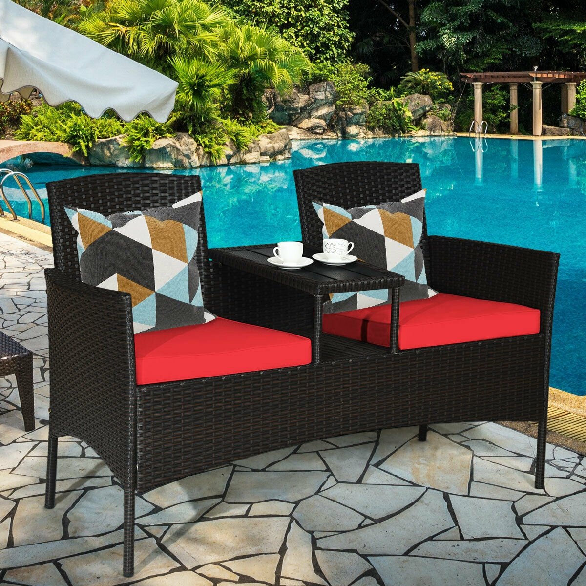 Modern Patio Conversation Set with Built-in Coffee Table and Cushions , Red Patio Conversation Sets   at Gallery Canada