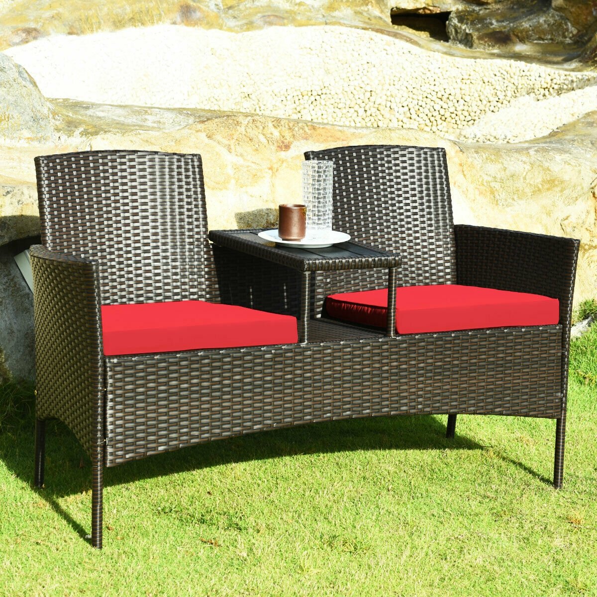 Modern Patio Conversation Set with Built-in Coffee Table and Cushions , Red Patio Conversation Sets   at Gallery Canada