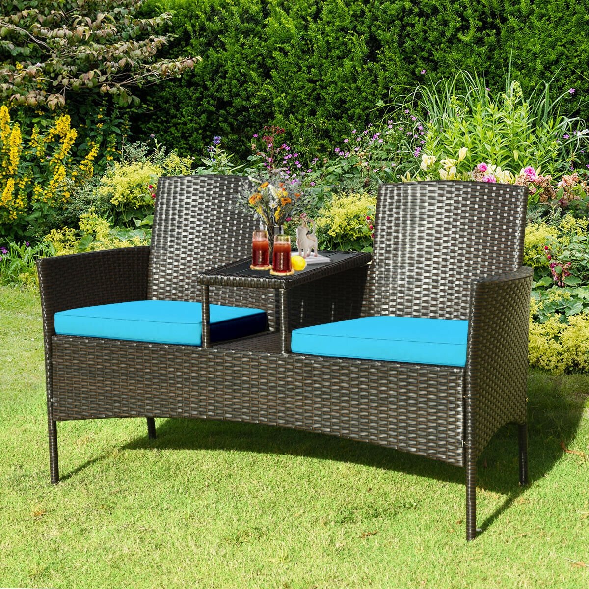 Modern Patio Conversation Set with Built-in Coffee Table and Cushions , Turquoise Patio Conversation Sets   at Gallery Canada