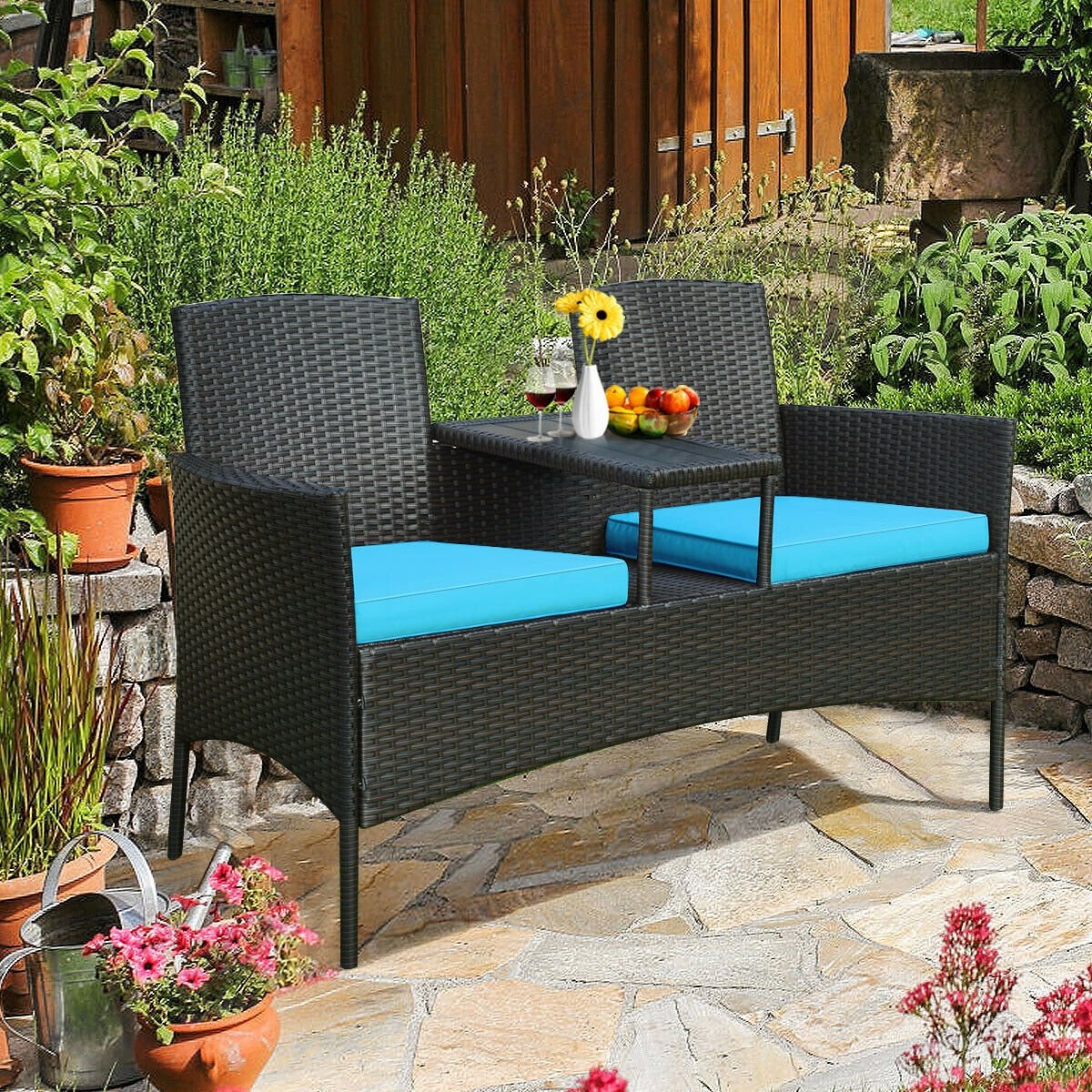 Modern Patio Conversation Set with Built-in Coffee Table and Cushions , Turquoise Patio Conversation Sets   at Gallery Canada