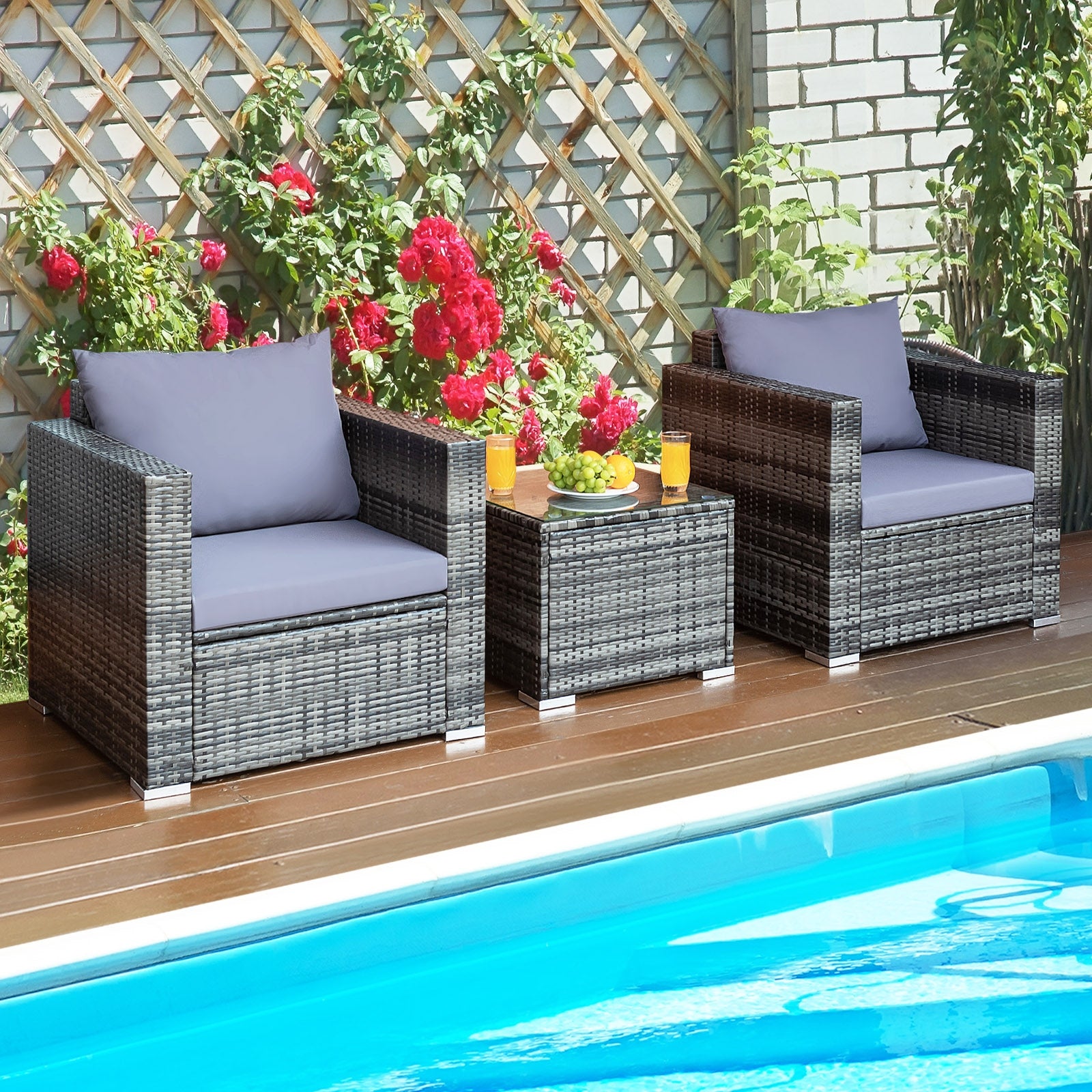 3 Pieces Patio Rattan Furniture Bistro Sofa Set with Cushioned, Gray Patio Conversation Sets   at Gallery Canada