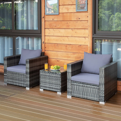 3 Pieces Patio Rattan Furniture Bistro Sofa Set with Cushioned, Gray Patio Conversation Sets   at Gallery Canada