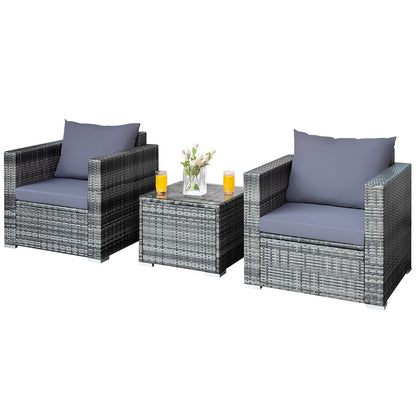 3 Pieces Patio Rattan Furniture Bistro Sofa Set with Cushioned, Gray Patio Conversation Sets   at Gallery Canada