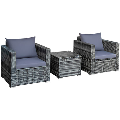 3 Pieces Patio Rattan Furniture Bistro Sofa Set with Cushioned, Gray Patio Conversation Sets Gray  at Gallery Canada