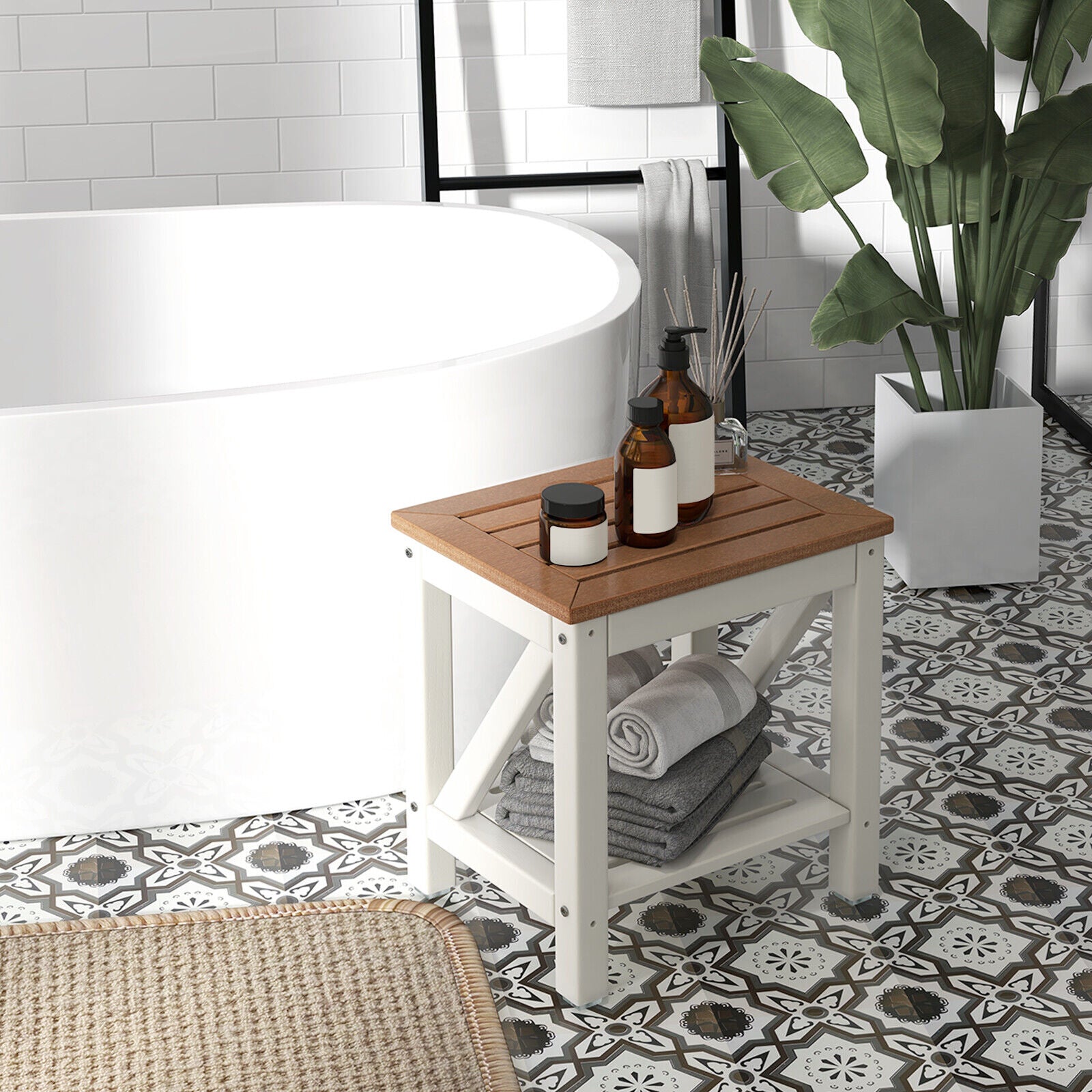2-tier Waterproof Shower Bench with Storage Shelf, Brown Bath Safety at Gallery Canada