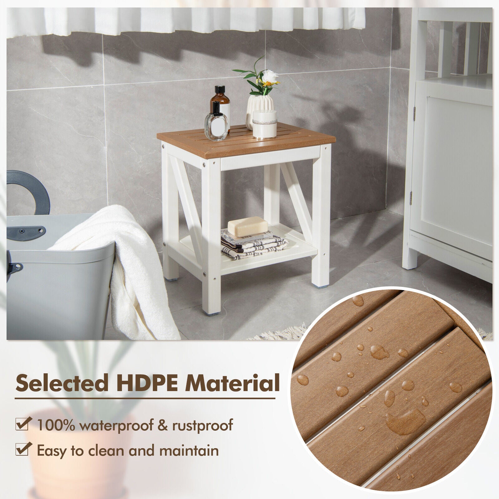 2-tier Waterproof Shower Bench with Storage Shelf, Brown Bath Safety at Gallery Canada