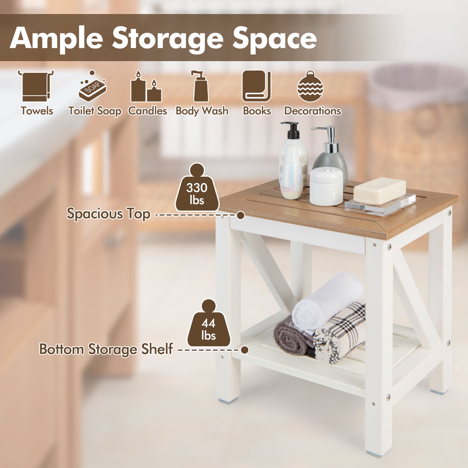 2-tier Waterproof Shower Bench with Storage Shelf, Brown Bath Safety at Gallery Canada