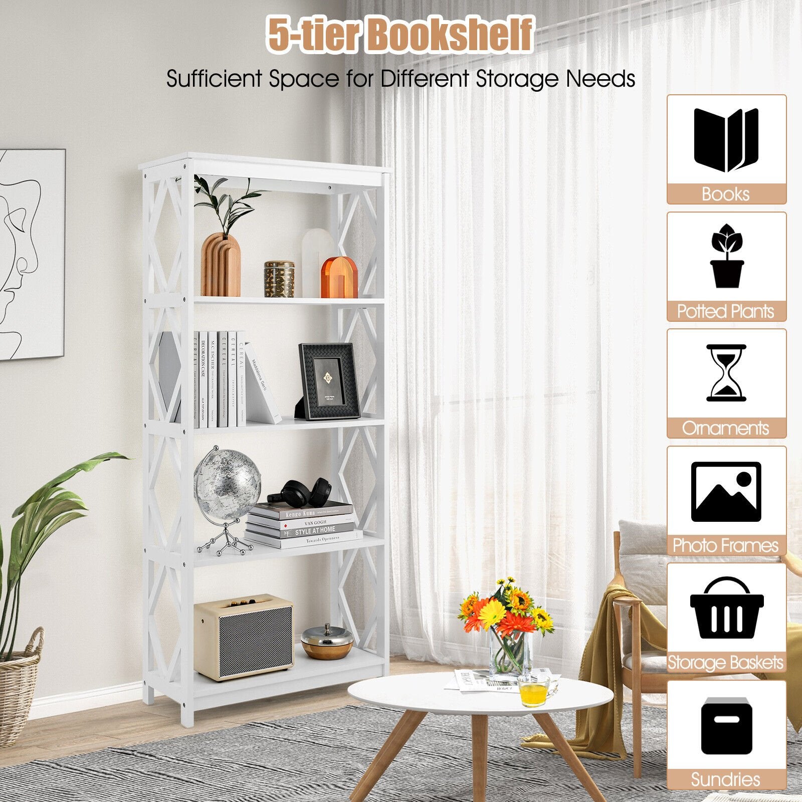 5-Tier Modern Freestanding Bookcase with Open Shelves, White - Gallery Canada