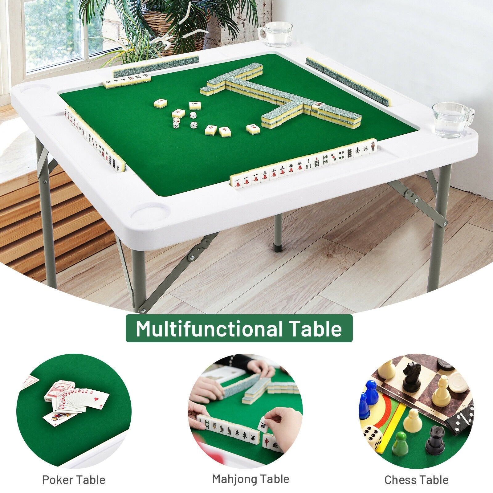 4-Player Mahjong Game Table with Iron Frame, Green - Gallery Canada