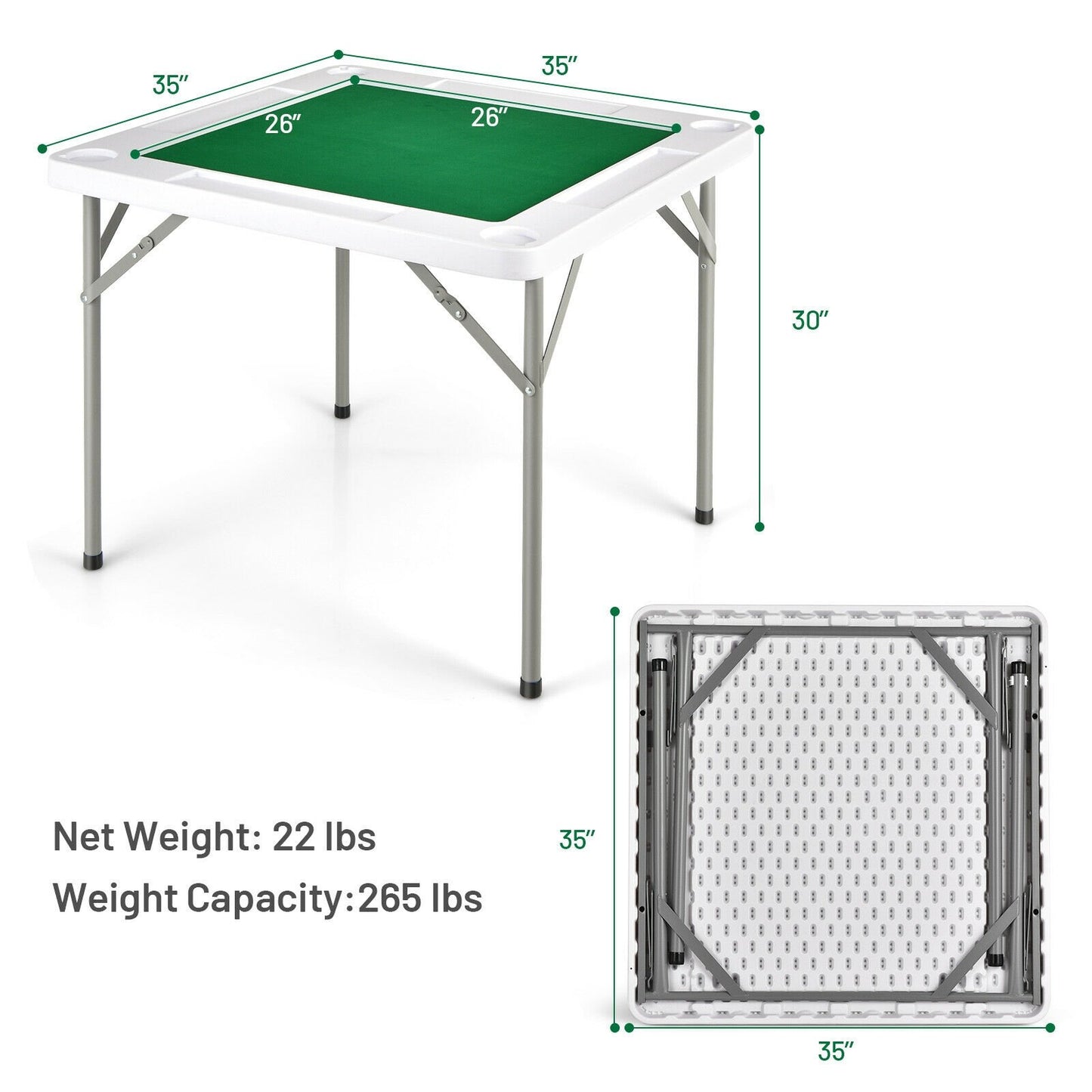 4-Player Mahjong Game Table with Iron Frame, Green - Gallery Canada