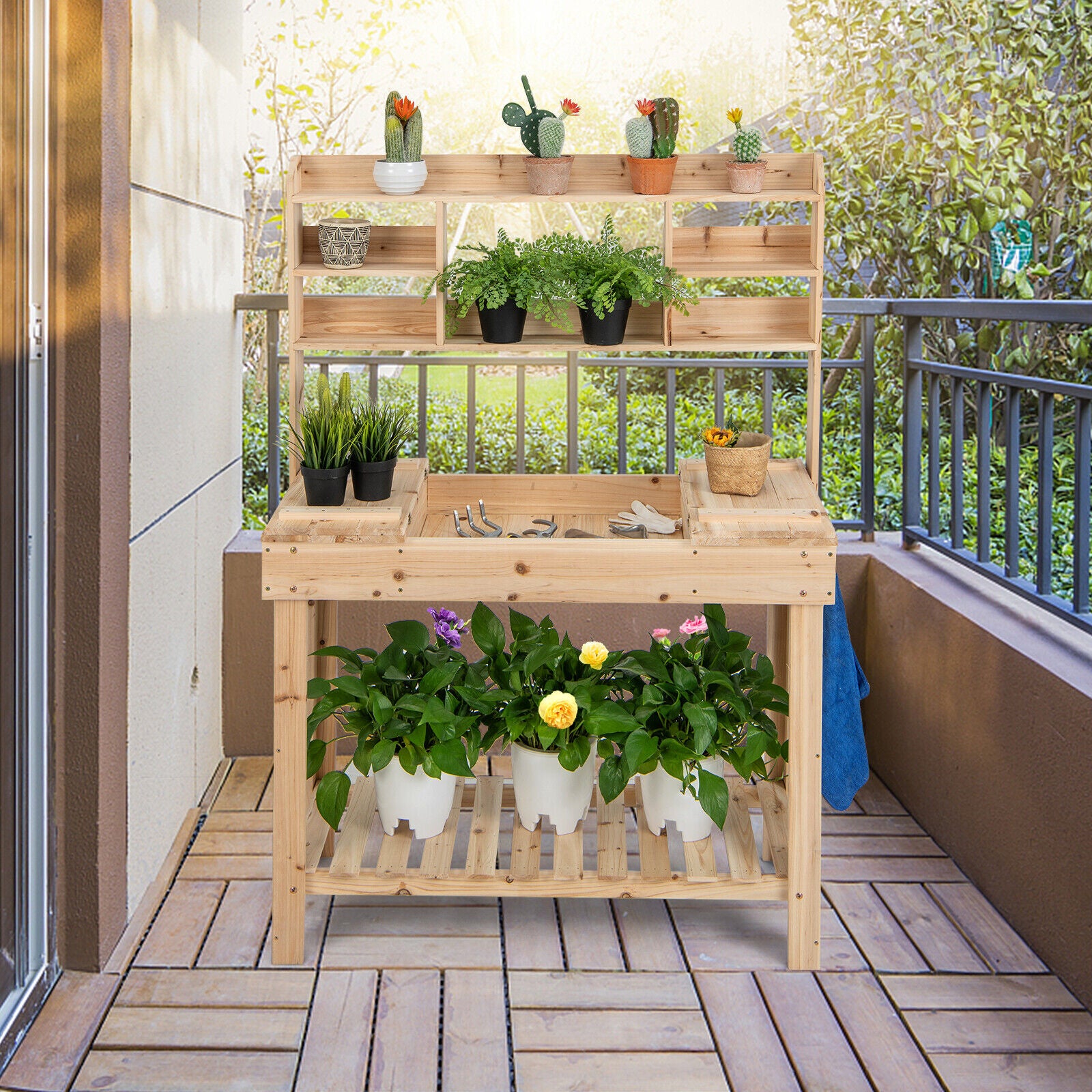 Large Garden Potting Bench Table with Display Rack and Hidden Sink, Natural Potting Benches & Tables at Gallery Canada