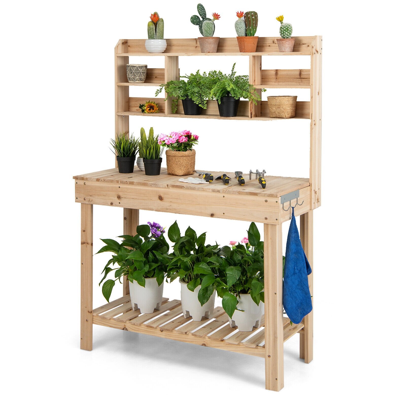 Large Garden Potting Bench Table with Display Rack and Hidden Sink, Natural Potting Benches & Tables Natural at Gallery Canada