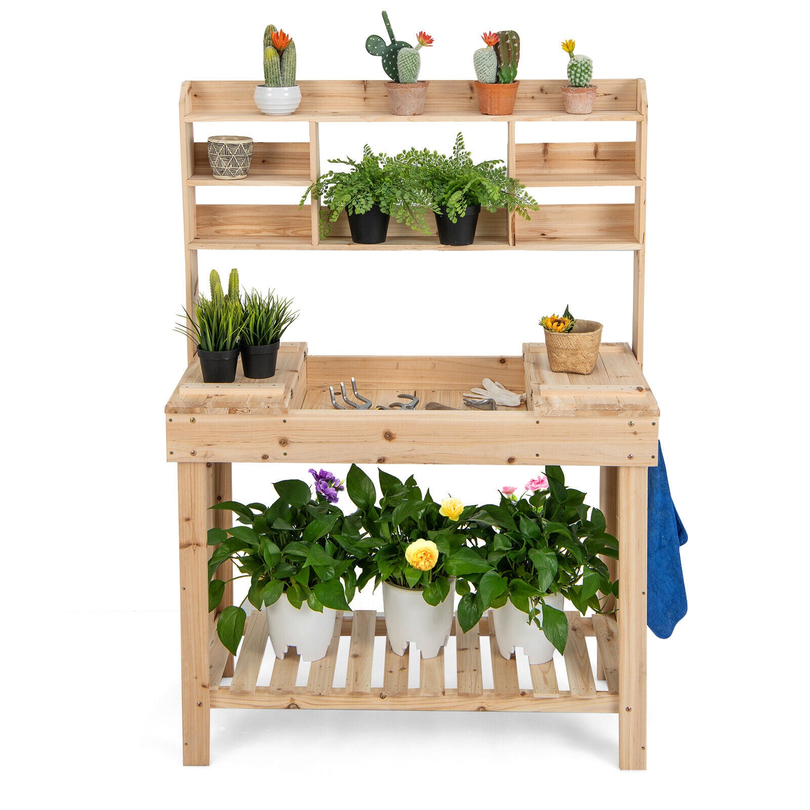 Large Garden Potting Bench Table with Display Rack and Hidden Sink, Natural Potting Benches & Tables at Gallery Canada