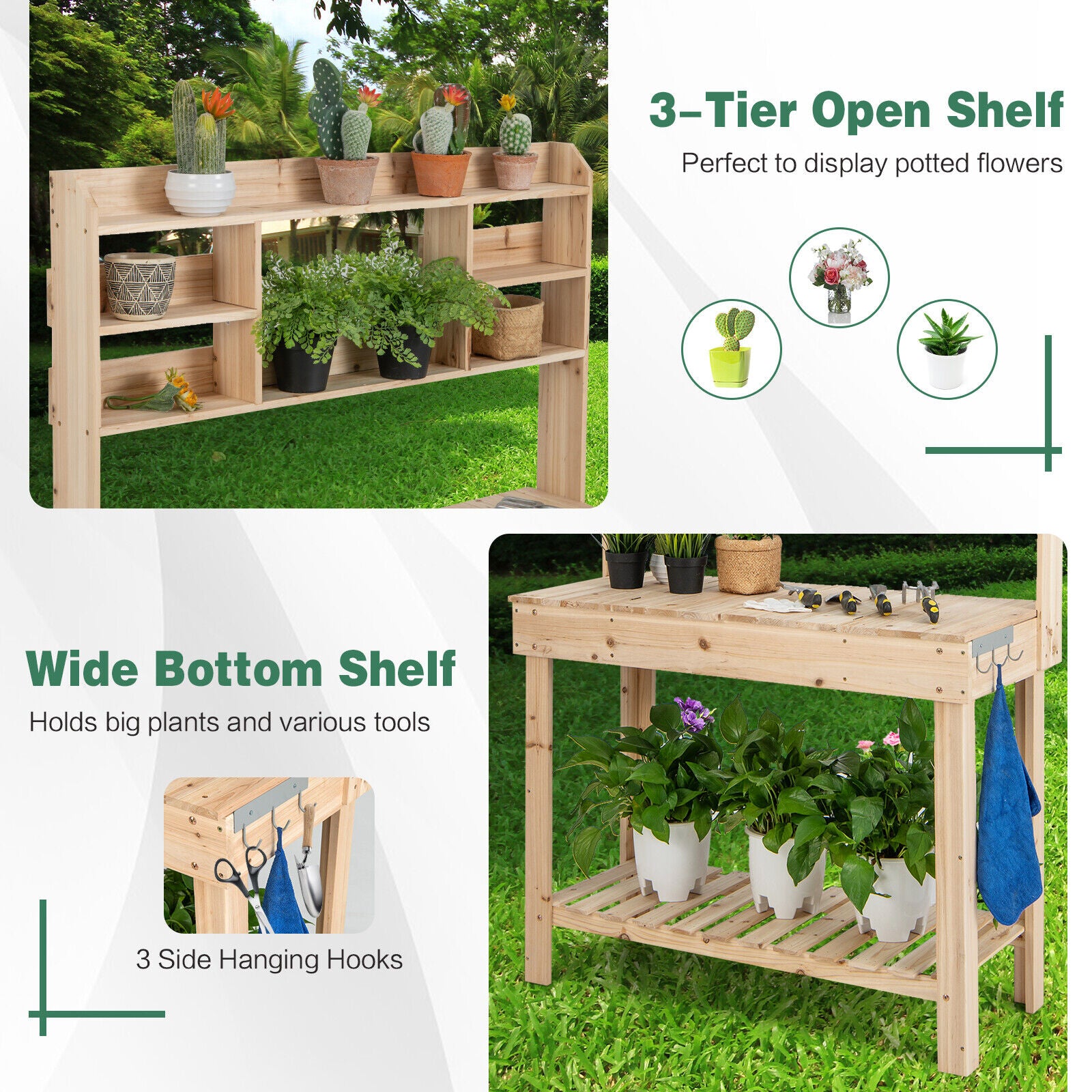Large Garden Potting Bench Table with Display Rack and Hidden Sink, Natural Potting Benches & Tables at Gallery Canada