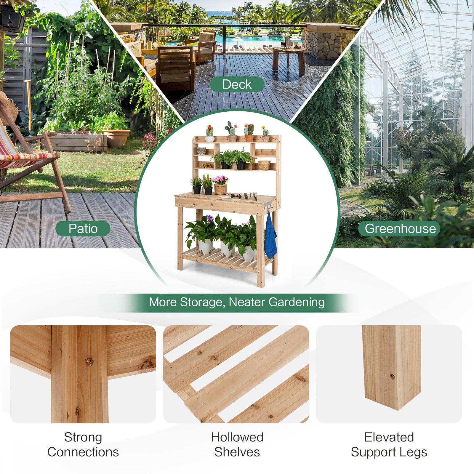 Large Garden Potting Bench Table with Display Rack and Hidden Sink, Natural Potting Benches & Tables at Gallery Canada