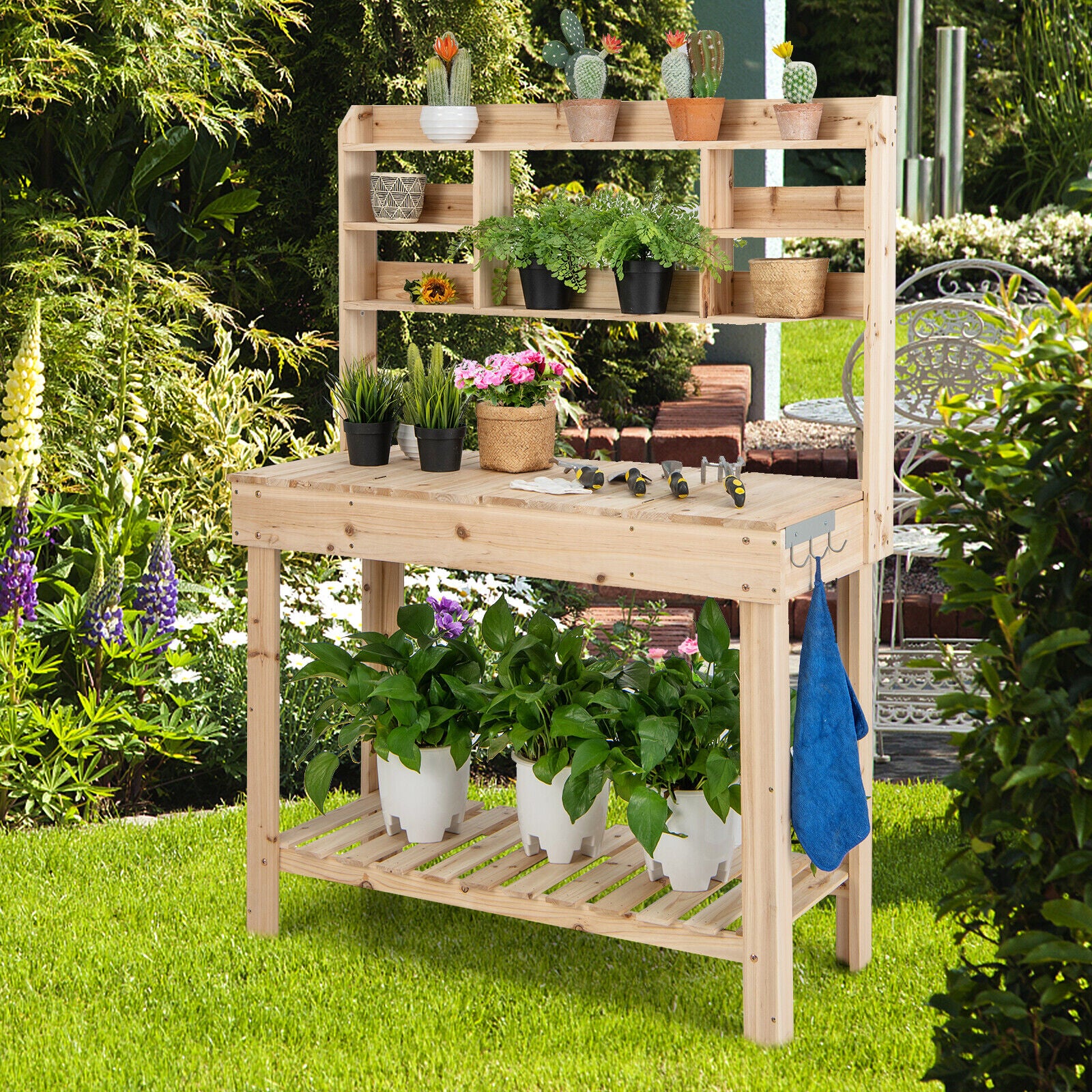 Large Garden Potting Bench Table with Display Rack and Hidden Sink, Natural Potting Benches & Tables at Gallery Canada
