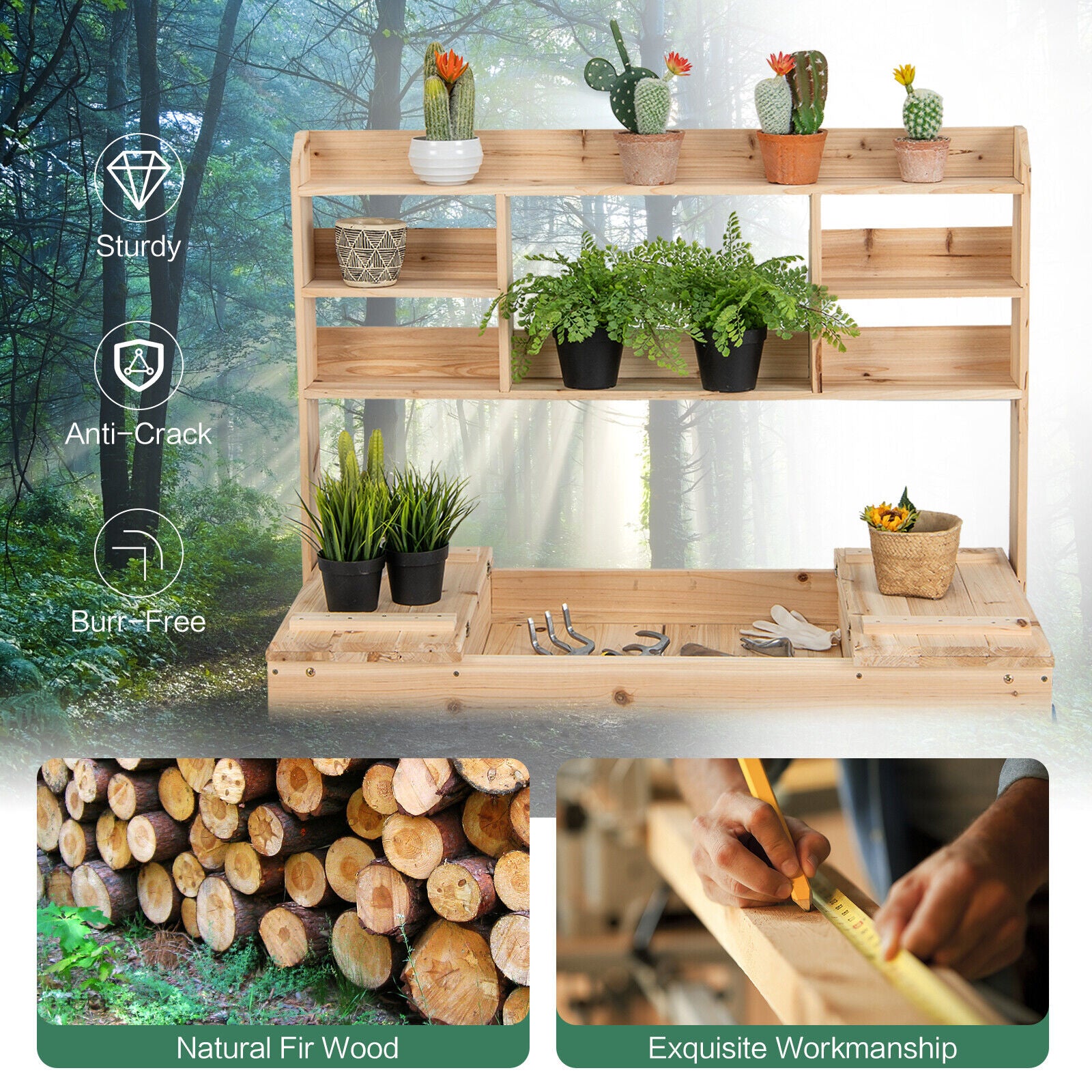 Large Garden Potting Bench Table with Display Rack and Hidden Sink, Natural Potting Benches & Tables at Gallery Canada