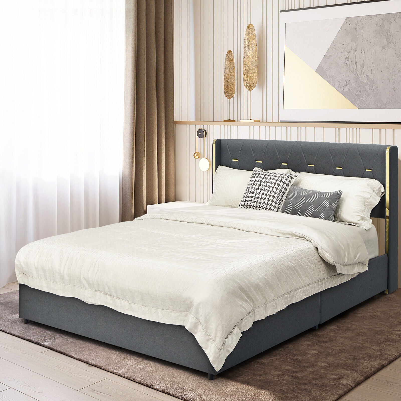 Full/Queen Size Upholstered Bed Frame with 4 Storage Drawers-Full Size, Black Simple Bed Frame at Gallery Canada