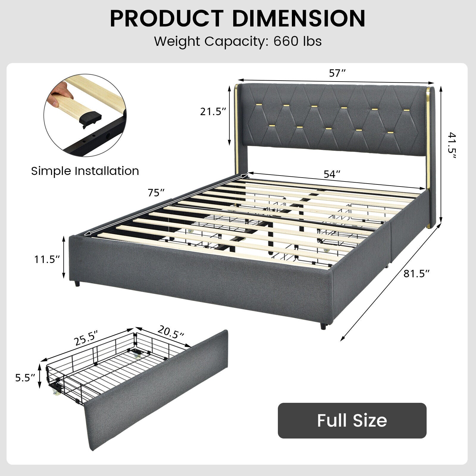 Full/Queen Size Upholstered Bed Frame with 4 Storage Drawers-Full Size, Black Simple Bed Frame at Gallery Canada