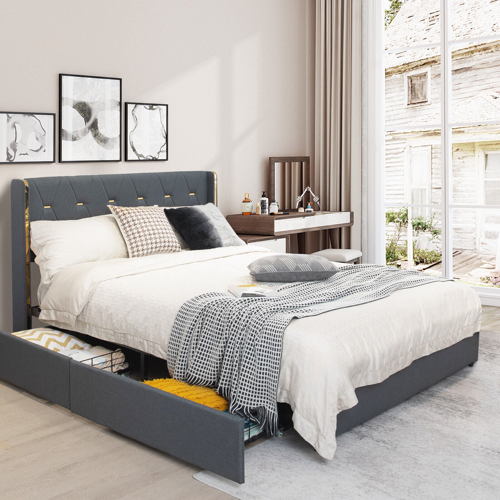 Full/Queen Size Upholstered Bed Frame with 4 Storage Drawers-Full Size, Black Simple Bed Frame at Gallery Canada