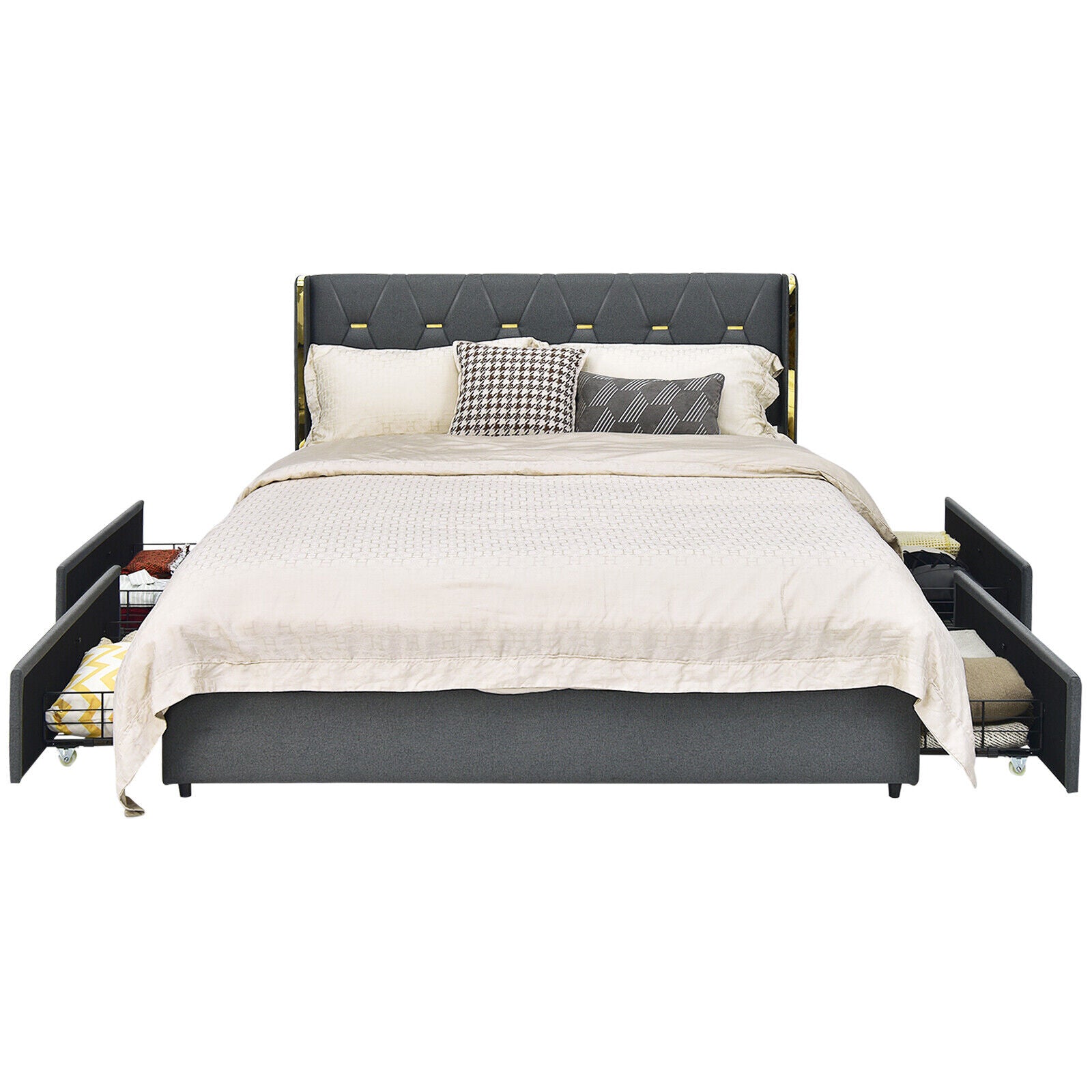 Full/Queen Size Upholstered Bed Frame with 4 Storage Drawers-Full Size, Black Simple Bed Frame at Gallery Canada