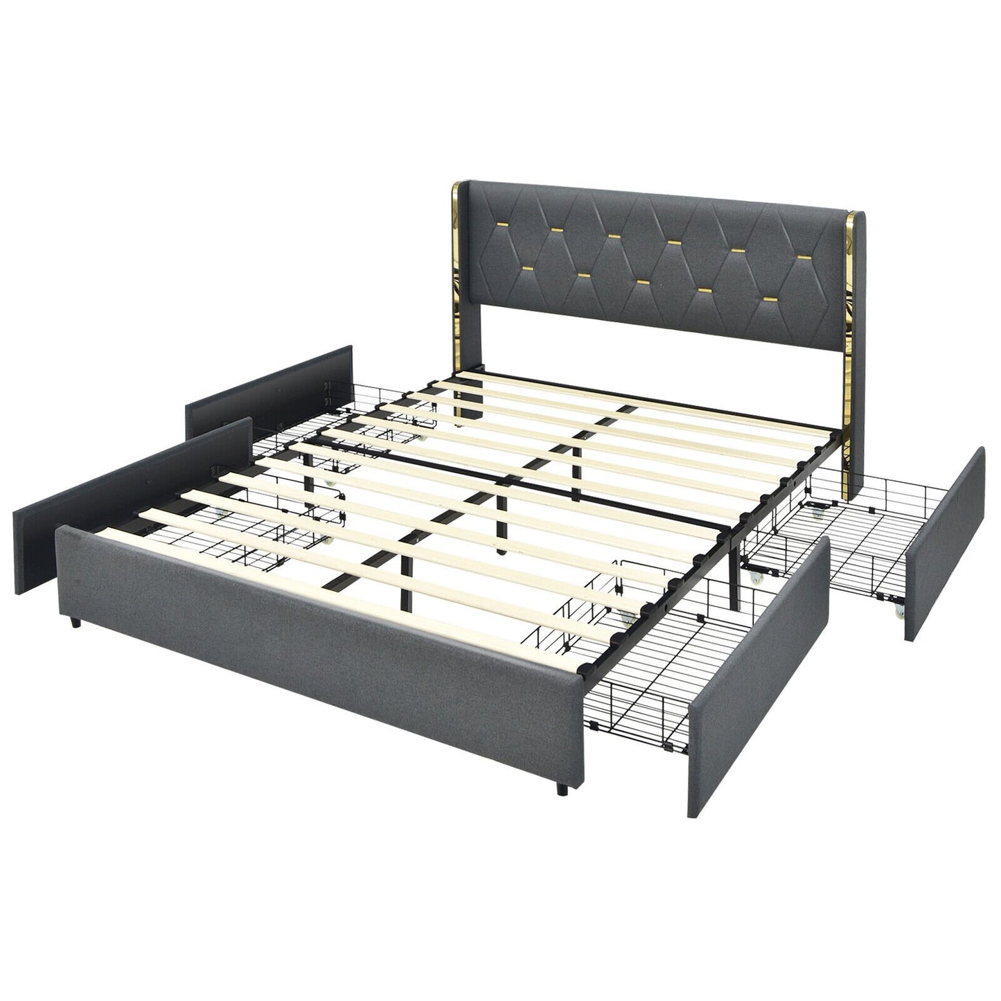 Full/Queen Size Upholstered Bed Frame with 4 Storage Drawers-Queen Size, Black - Gallery Canada