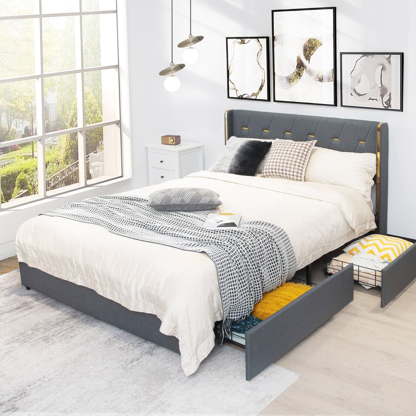 Full/Queen Size Upholstered Bed Frame with 4 Storage Drawers-Queen Size, Black - Gallery Canada