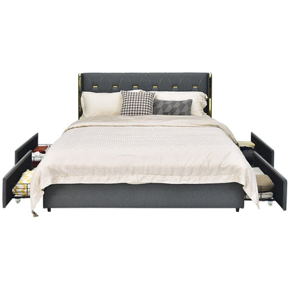Full/Queen Size Upholstered Bed Frame with 4 Storage Drawers-Queen Size, Black - Gallery Canada