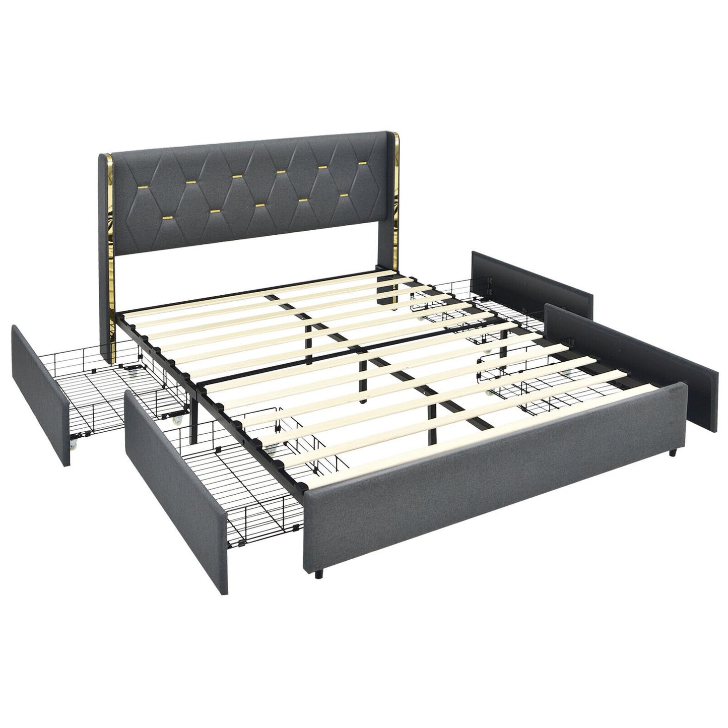 Full/Queen Size Upholstered Bed Frame with 4 Storage Drawers-Queen Size, Black - Gallery Canada