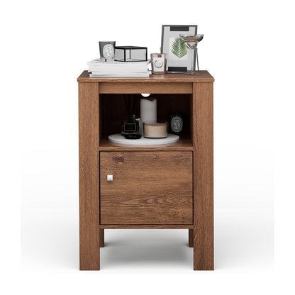 Compact Floor Farmhouse Nightstand with Open Shelf and Cabinet, Rustic Brown Nightstands   at Gallery Canada