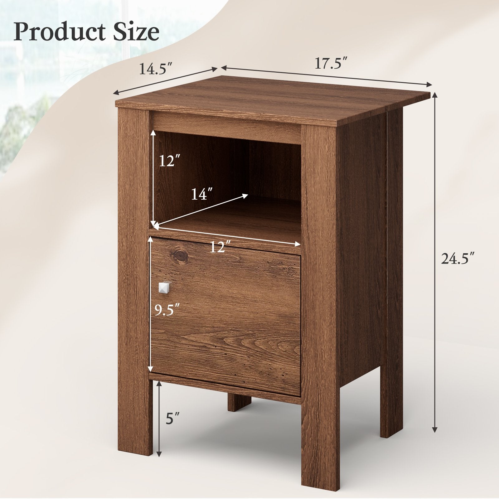 Compact Floor Farmhouse Nightstand with Open Shelf and Cabinet, Rustic Brown Nightstands   at Gallery Canada