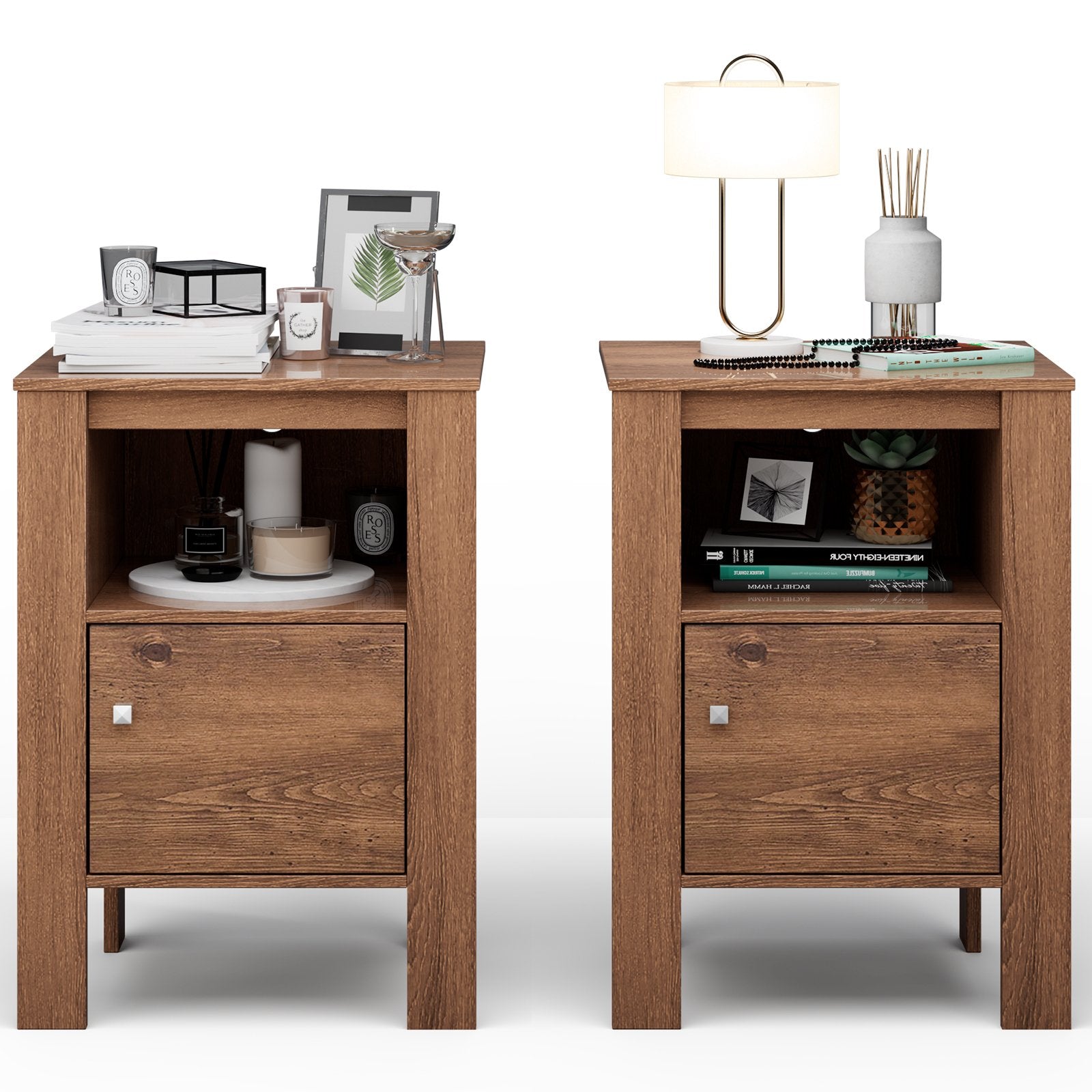 Compact Floor Farmhouse Nightstand with Open Shelf and Cabinet, Rustic Brown Nightstands   at Gallery Canada