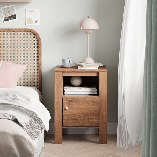 Compact Floor Farmhouse Nightstand with Open Shelf and Cabinet, Rustic Brown - Gallery Canada