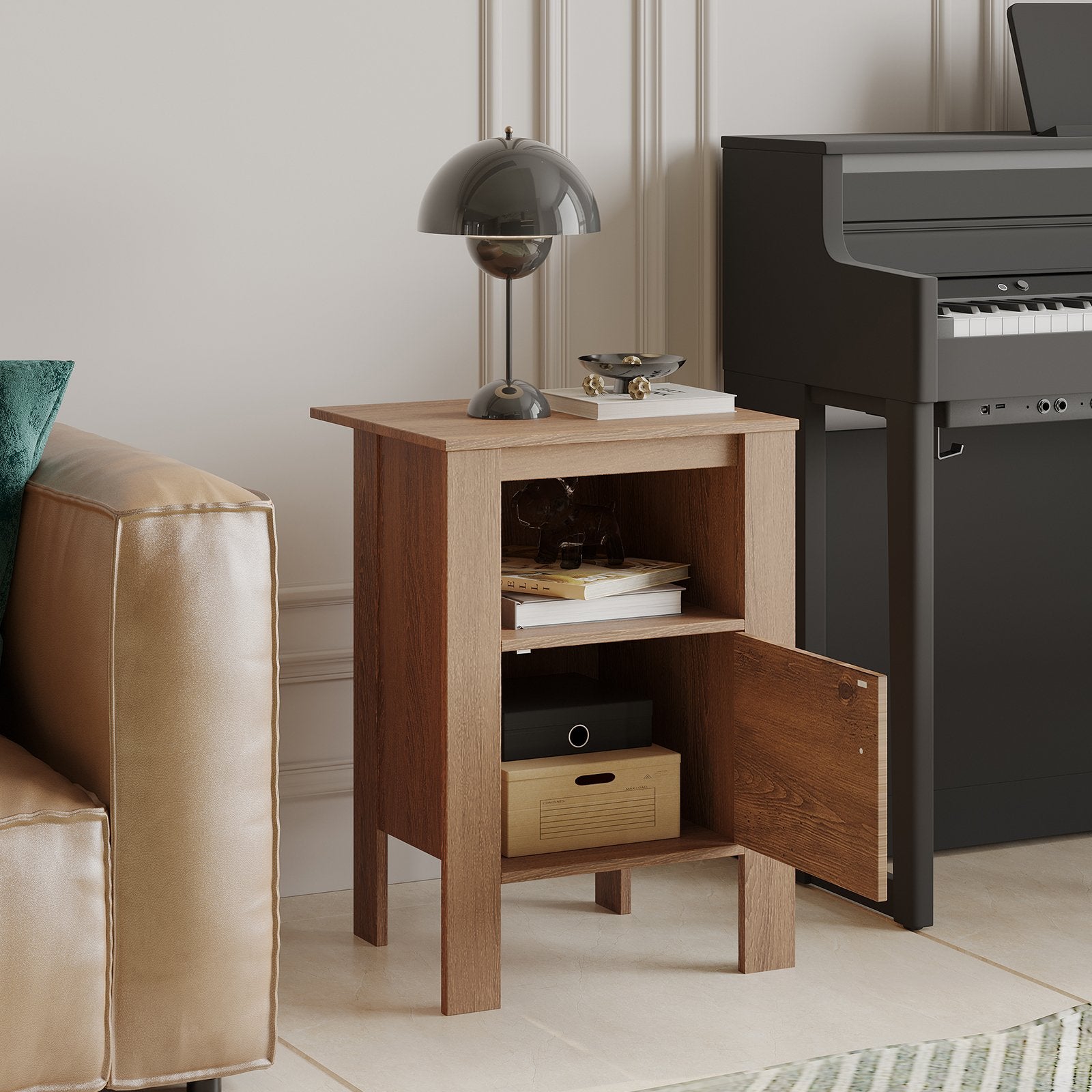 Compact Floor Farmhouse Nightstand with Open Shelf and Cabinet, Rustic Brown Nightstands   at Gallery Canada