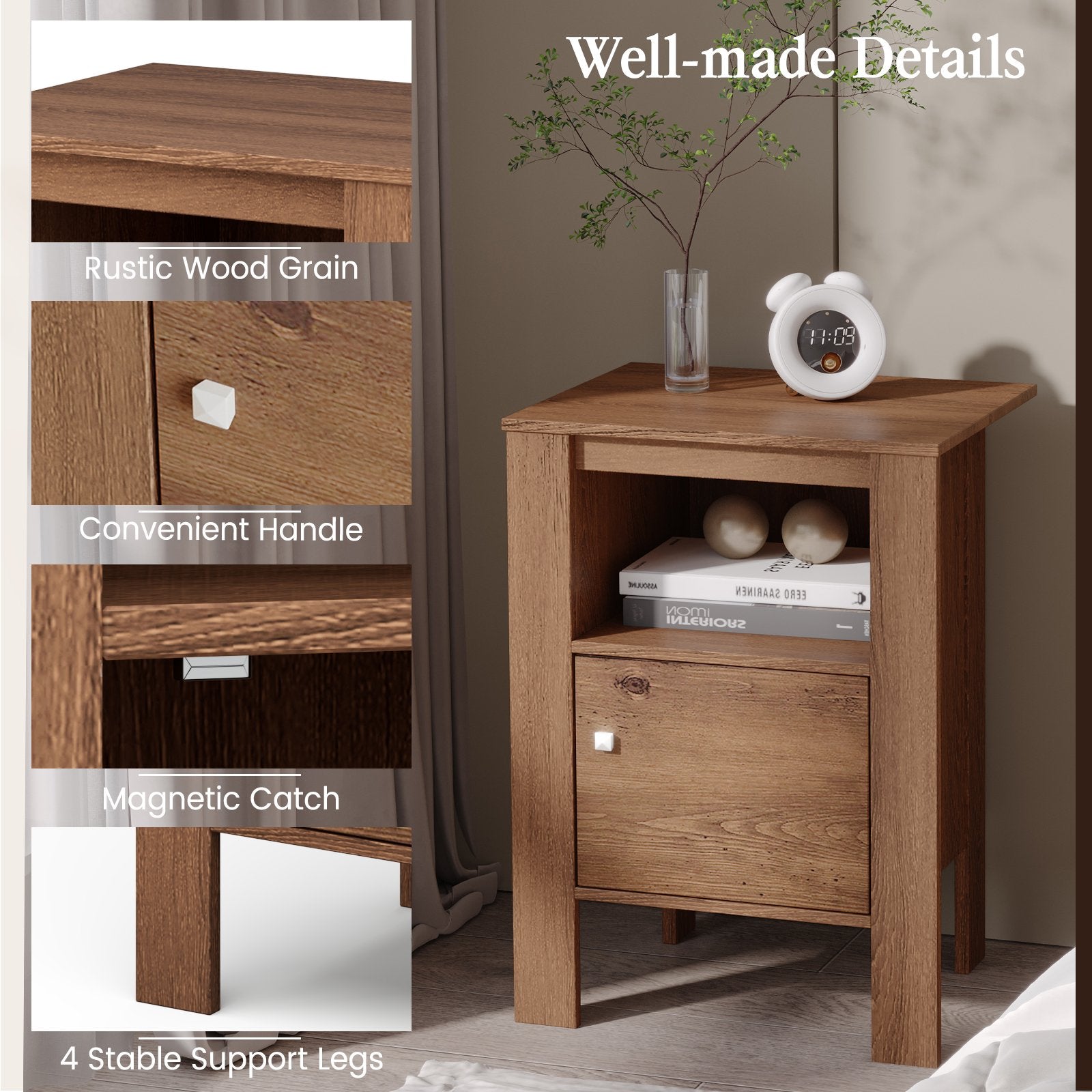 Compact Floor Farmhouse Nightstand with Open Shelf and Cabinet, Rustic Brown Nightstands   at Gallery Canada